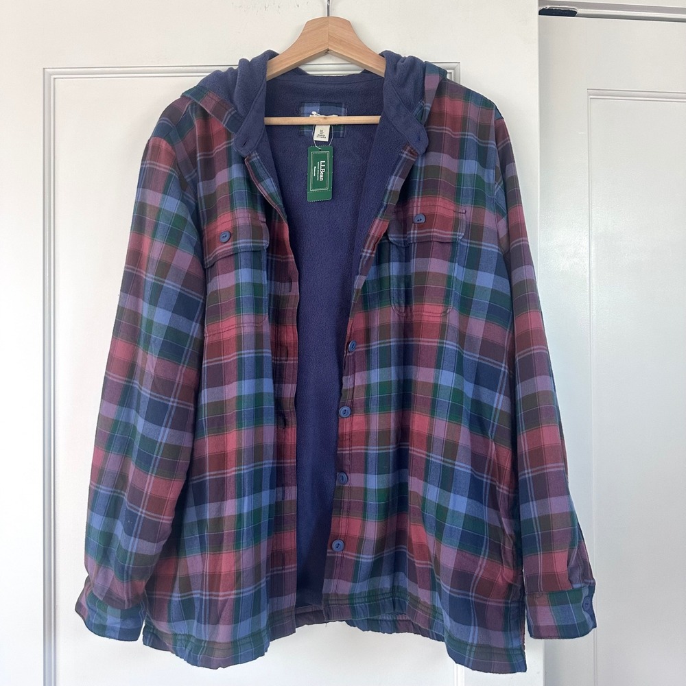 L.L.Bean Fleece Lined Flannel Hooded Shirt Jacket Plaid Black Plum XL PET NEW